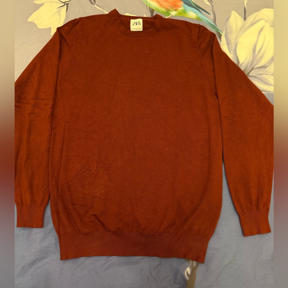 Zara Red Crewneck Sweater Classic Knit Design